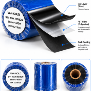 the van gold s11 wax ribbon is an economical thermal transfer ribbon designed for printing barcodes and standard paper labels in office and warehouse environments.