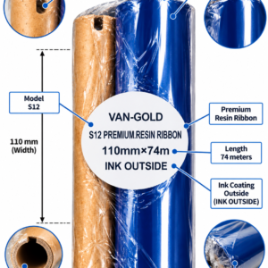 van gold s12 premium wax ribbon is a black ribbon designed for thermal transfer technology and barcode printing on paper and coated labels.
